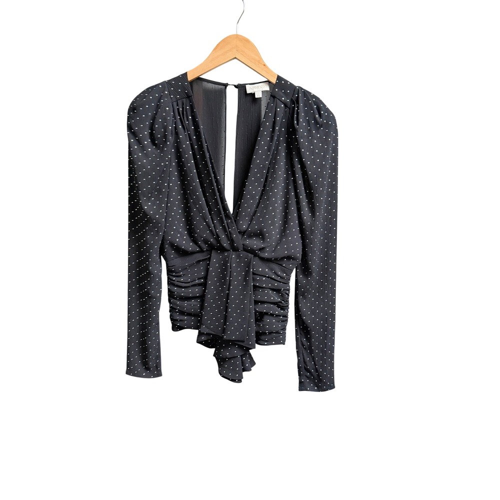 Ronny Kobo Black Rhinestone Studded Blouse Ruffled Structured Shoulder Womens XS